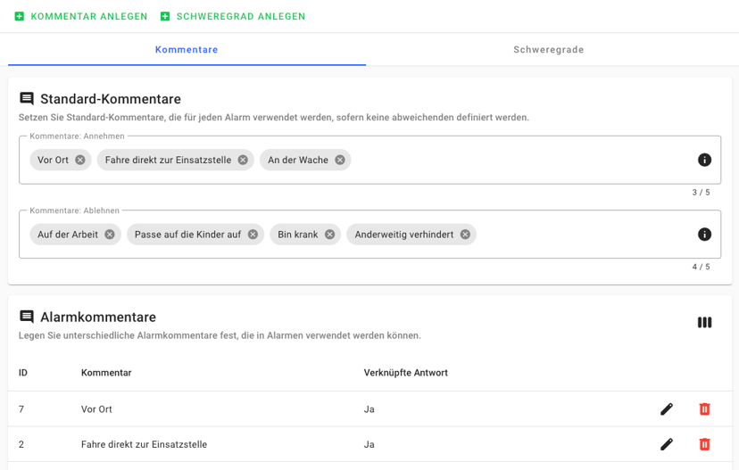 Alarmkommentare ermöglichen detailliertere Rückmeldungen