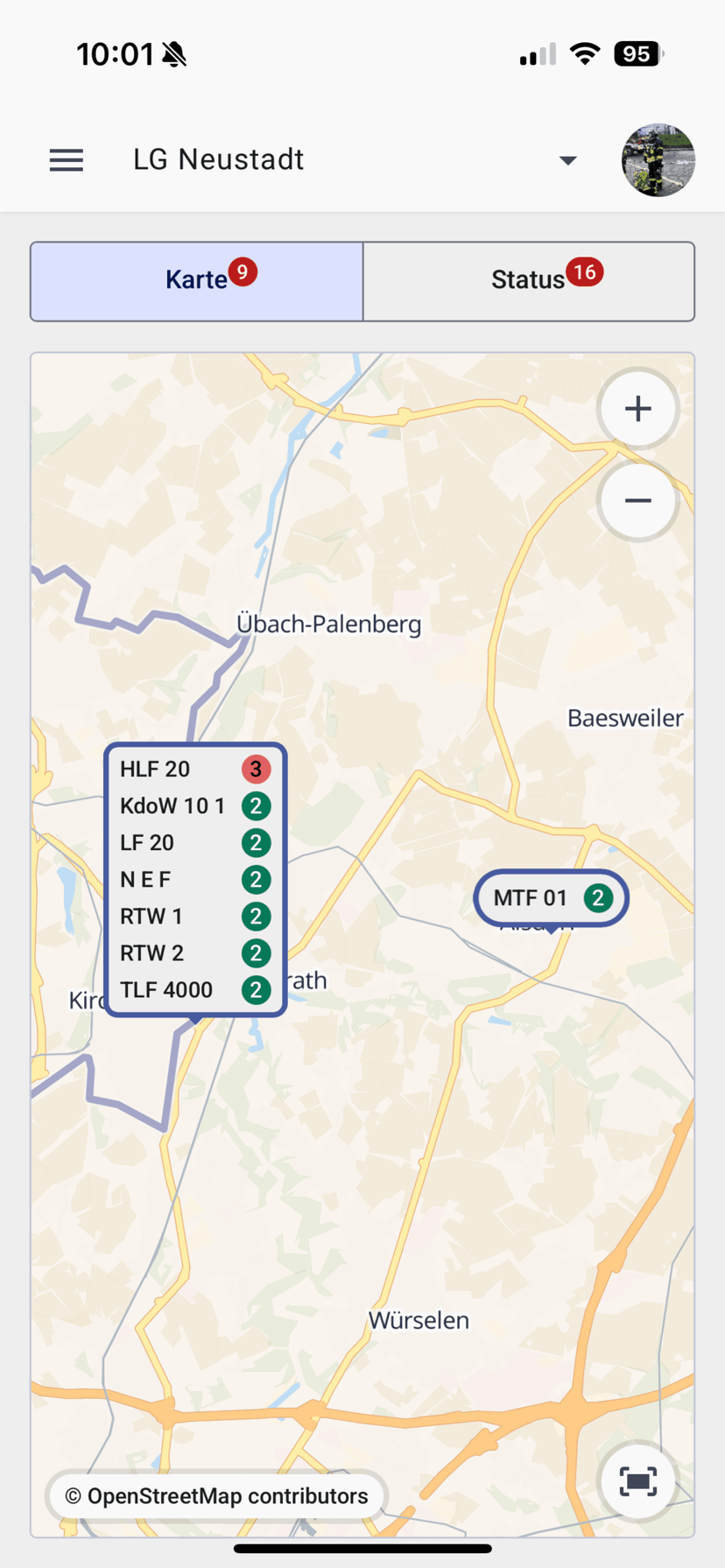 Einheiten, Verfügbarkeit und Einsatztagebuch in der Cockpit-App
