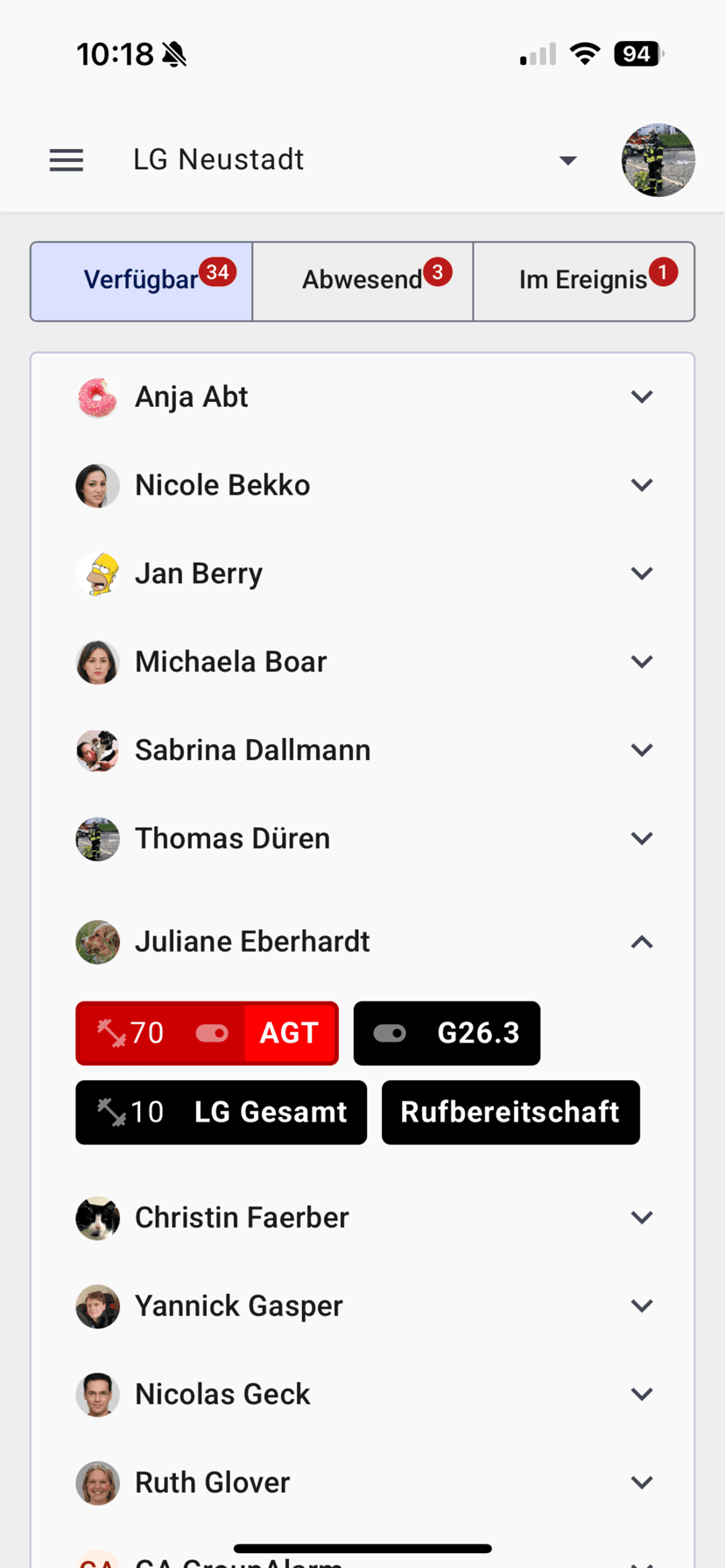 Einheiten, Verfügbarkeit und Einsatztagebuch in der Cockpit-App