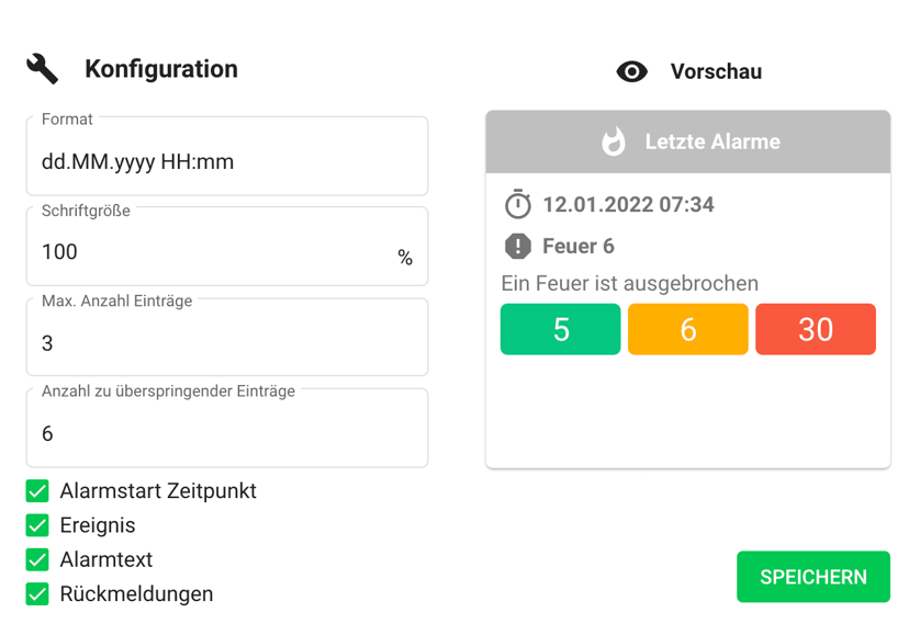 Letzte Alarme im Alarmmonitor