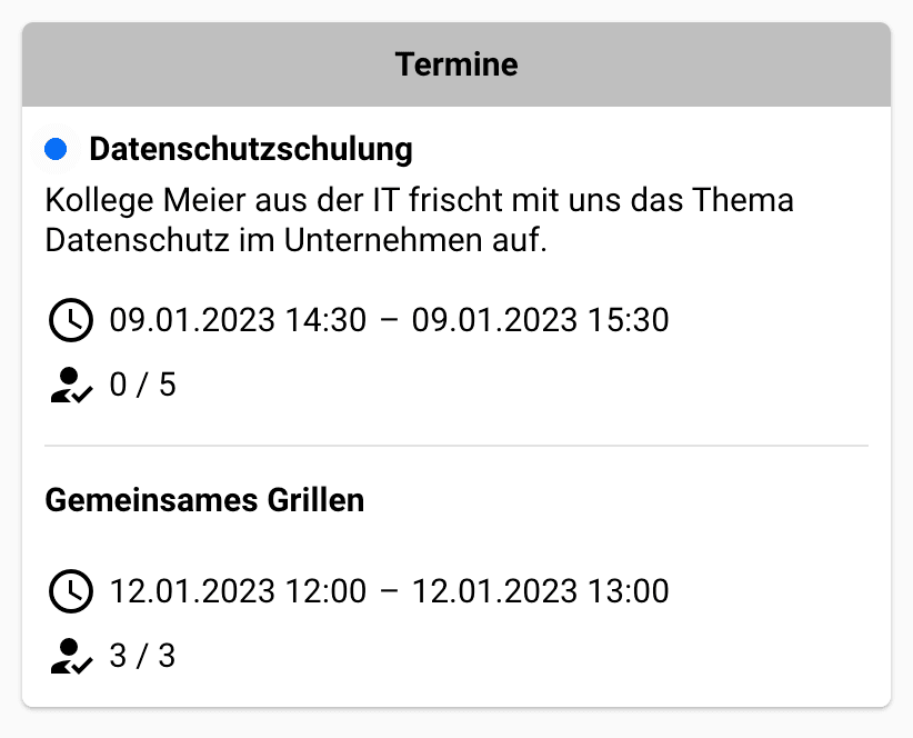 Überarbeitete Terminliste im Monitor