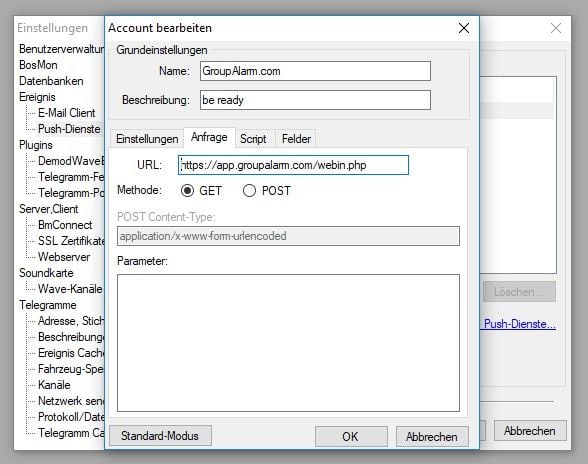 Konfiguration einer GroupAlarm-Schnittstelle (HTTP-Anfrage) in BosMon.
