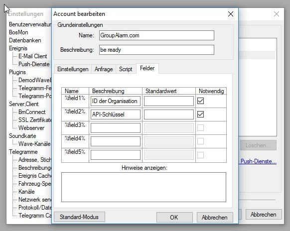 Eingabe der GroupAlarm-URL im BosMon-Dialog Account bearbeiten.