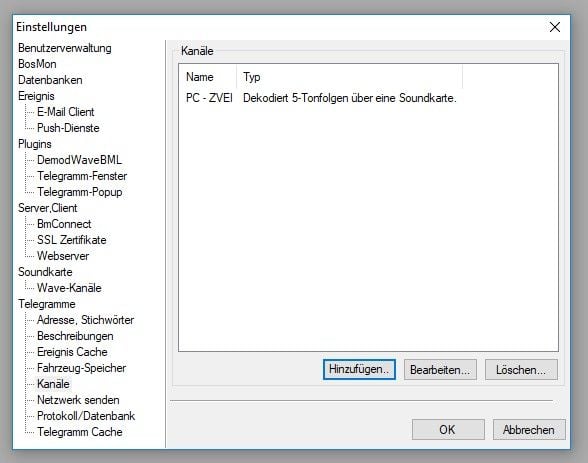 BosMon-Kanalübersicht für die GroupAlarm-Anbindung.