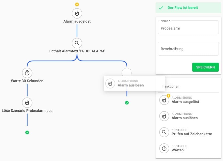 Flow-Editor in GroupAlarm zur Erstellung eines automatisierten Probealarm-Ablaufs.