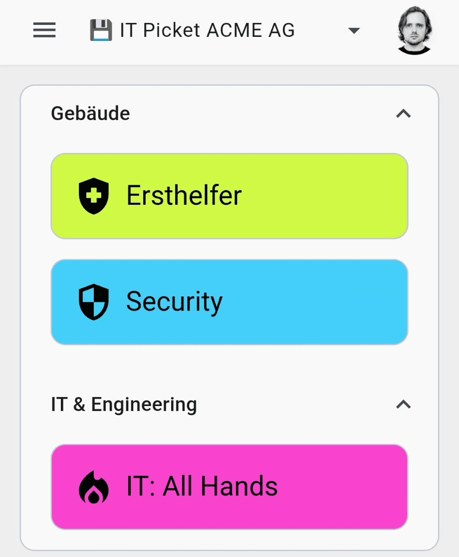 GroupAlarm App-Ansicht mit Schnellstart-Buttons für Ersthelfer, Security und IT.
