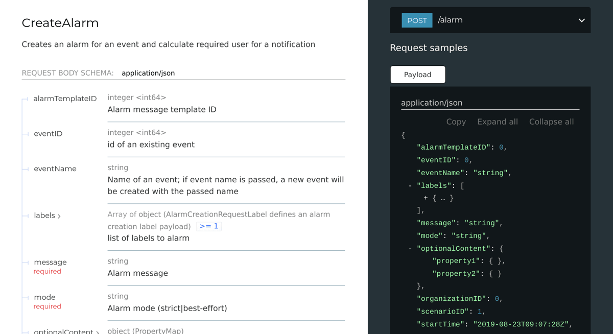 API-Dokumentation für den Endpunkt „CreateAlarm“ mit JSON-Schema und Beispiel-Payload.