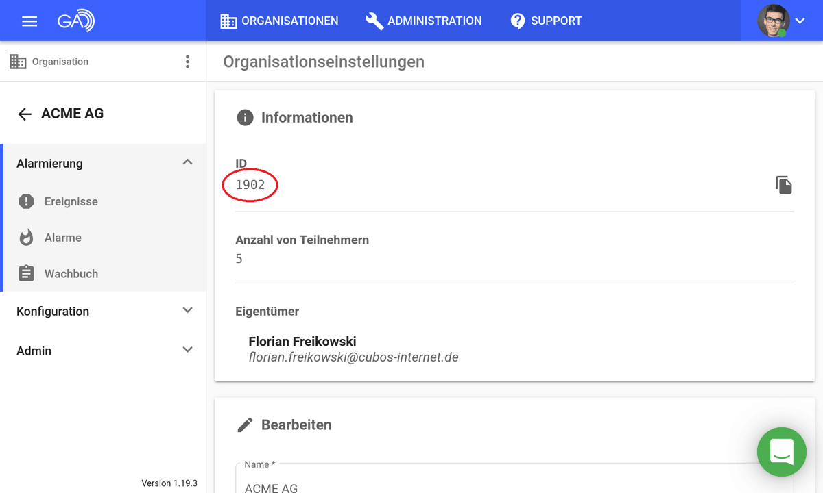 Organisationseinstellungen in GroupAlarm mit rot eingekreister Organisations-ID.