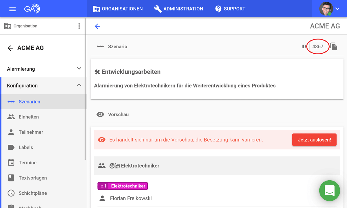 Szenarien-Detailansicht in GroupAlarm mit rot eingekreister Szenario-ID.