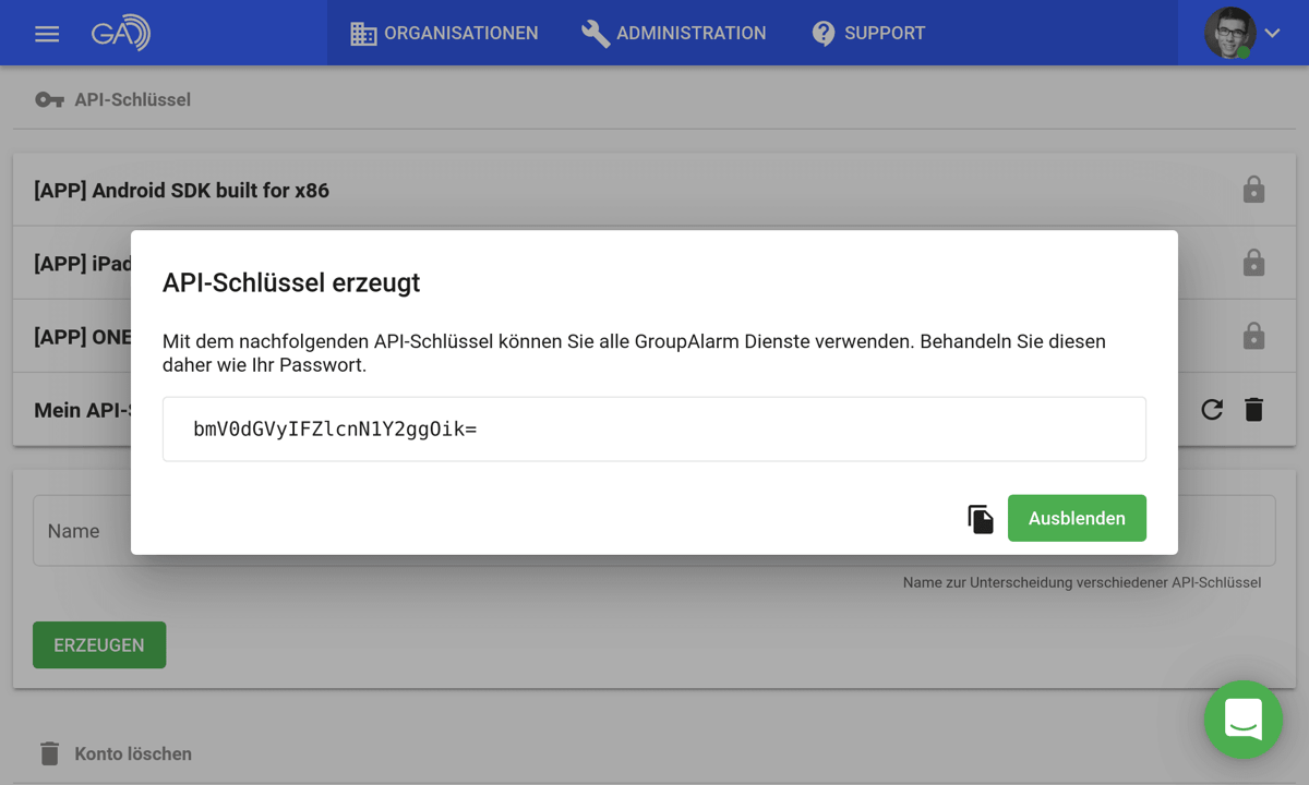 Pop-up-Fenster in GroupAlarm zur Anzeige eines neu erzeugten API-Schlüssels.