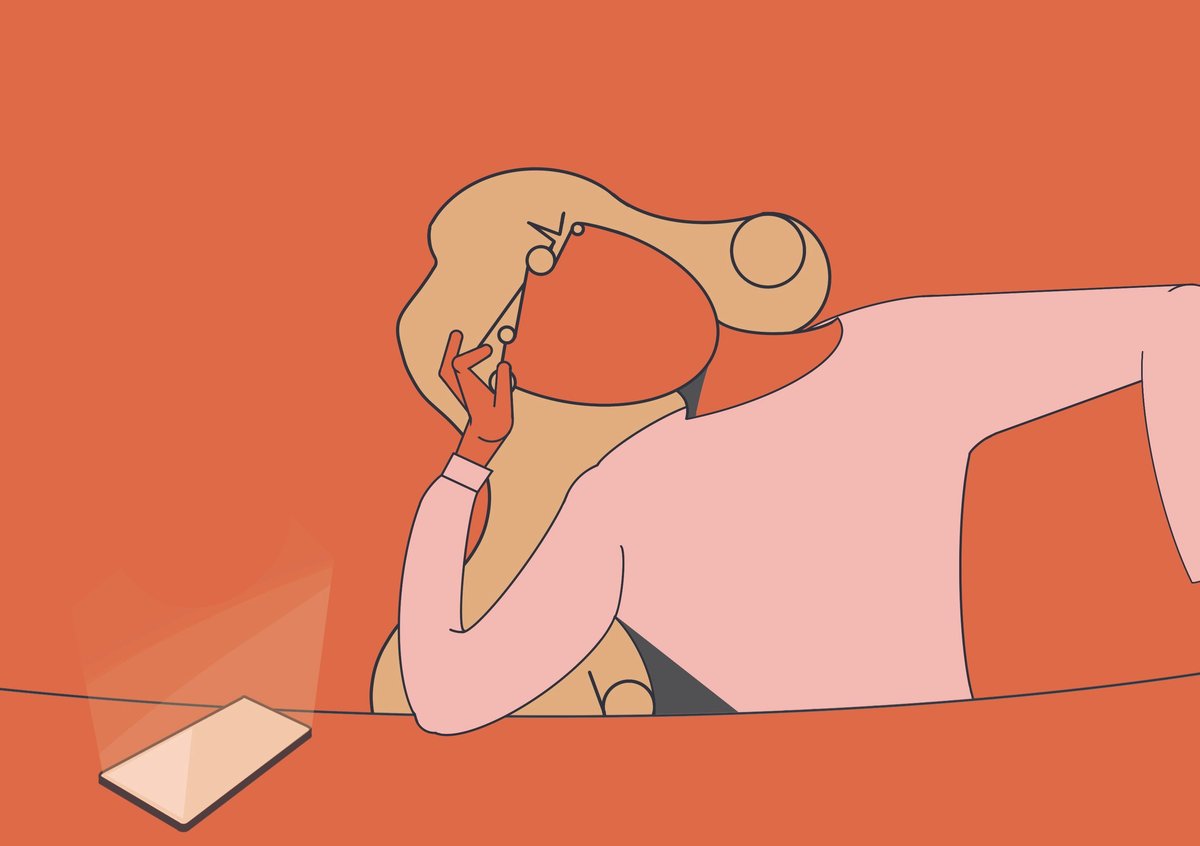 Illustration einer Frau, die nachdenklich auf ein aufleuchtendes Smartphone blickt.