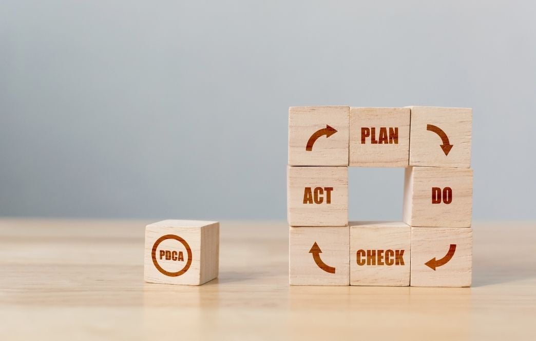 Holzwürfel, die den PDCA-Zyklus bilden mit den Begriffen Plan, Do, Check, Act.