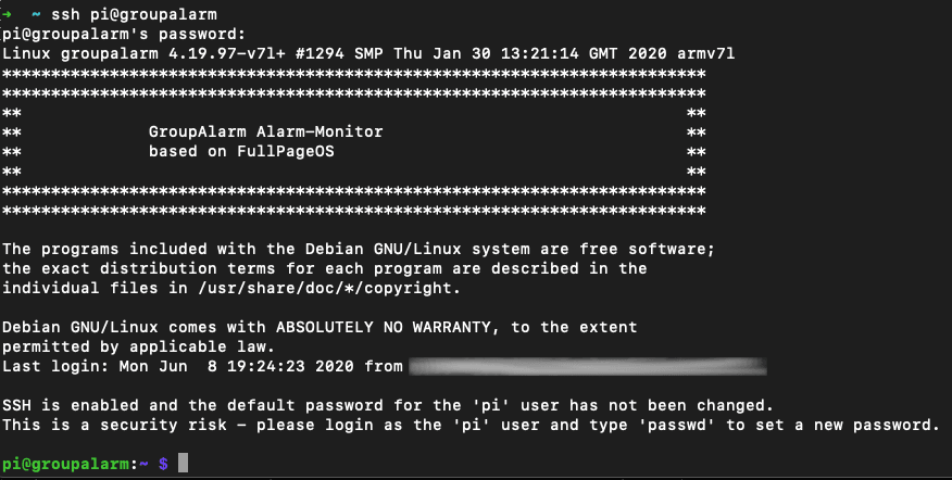 SSH-Login als User pi auf einem GroupAlarm-Monitor (FullPageOS) mit Hinweis zum Standard-Passwort.