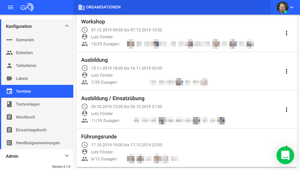Übersicht geplanter Termine (wie Workshop, Ausbildung und Führungsrunde) mit Datums- und Zeitangaben sowie Zusagestatus in GroupAlarm