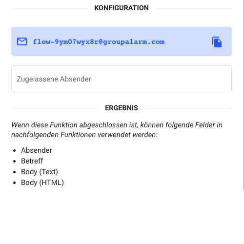 Konfiguration eines E-Mail-Triggers in einem GroupAlarm-Flow.
