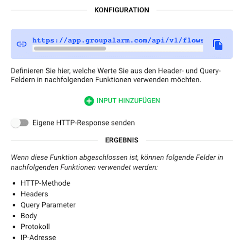 API-Webhook-Einstellungen im Flow-Editor von GroupAlarm.