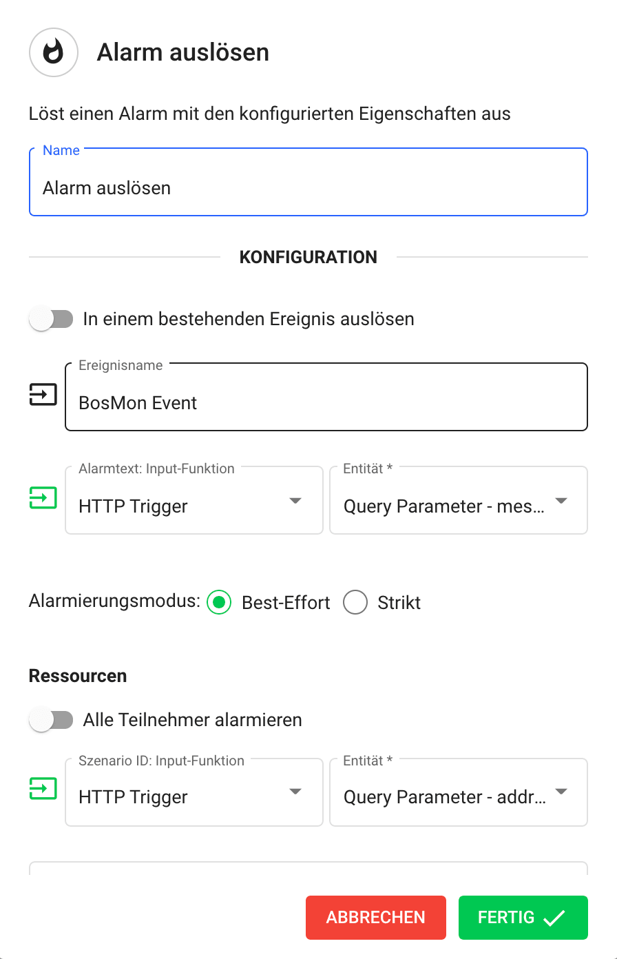 Konfiguration der Aktion ‚Alarm auslösen‘ im GroupAlarm Flow-Editor.
