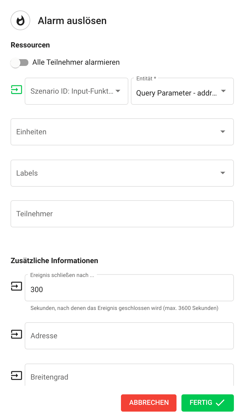 Ressourcen- und Adresskonfiguration der Aktion ‚Alarm auslösen‘ in GroupAlarm.