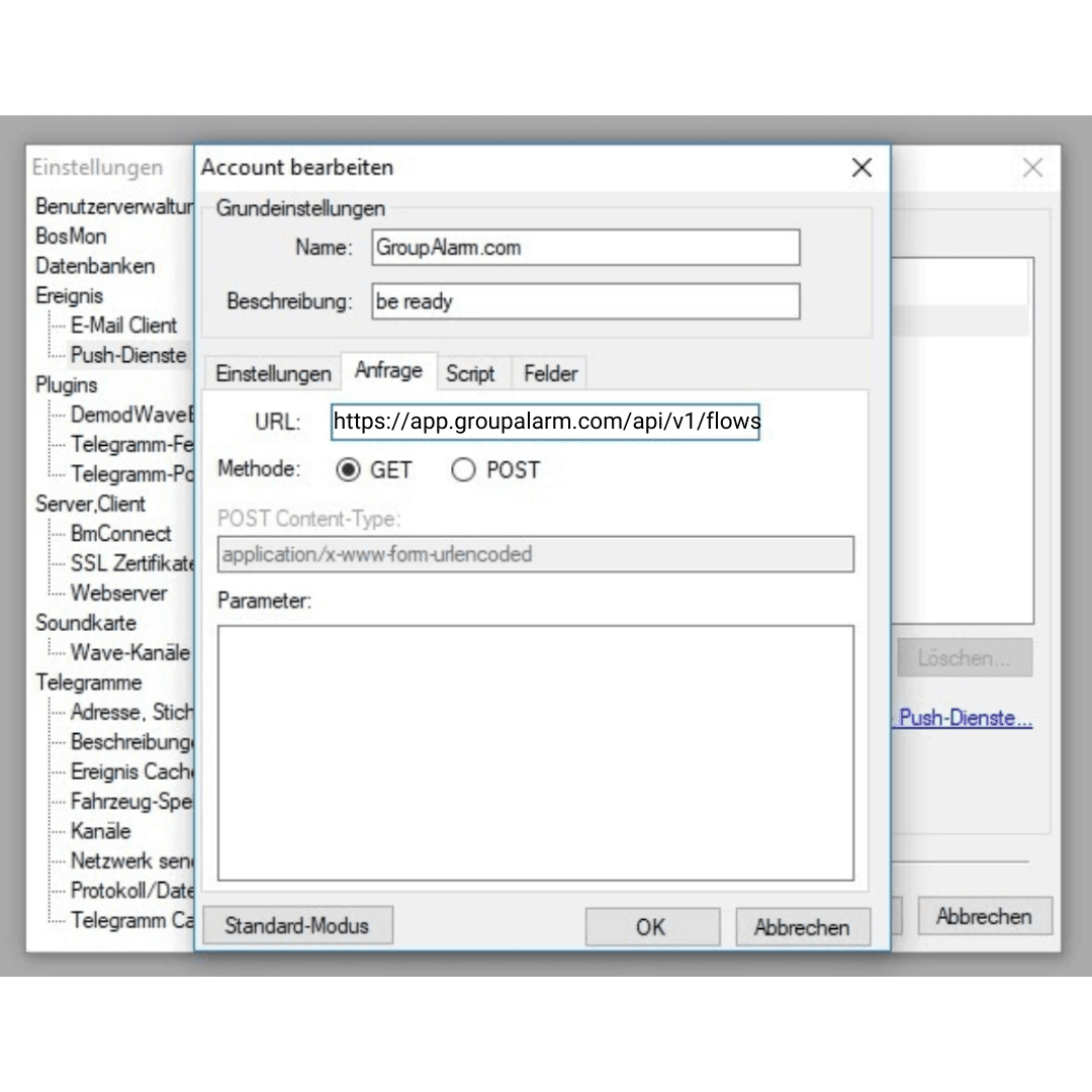 Eingabe der GroupAlarm Flow-URL im BosMon-Dialog Account bearbeiten.