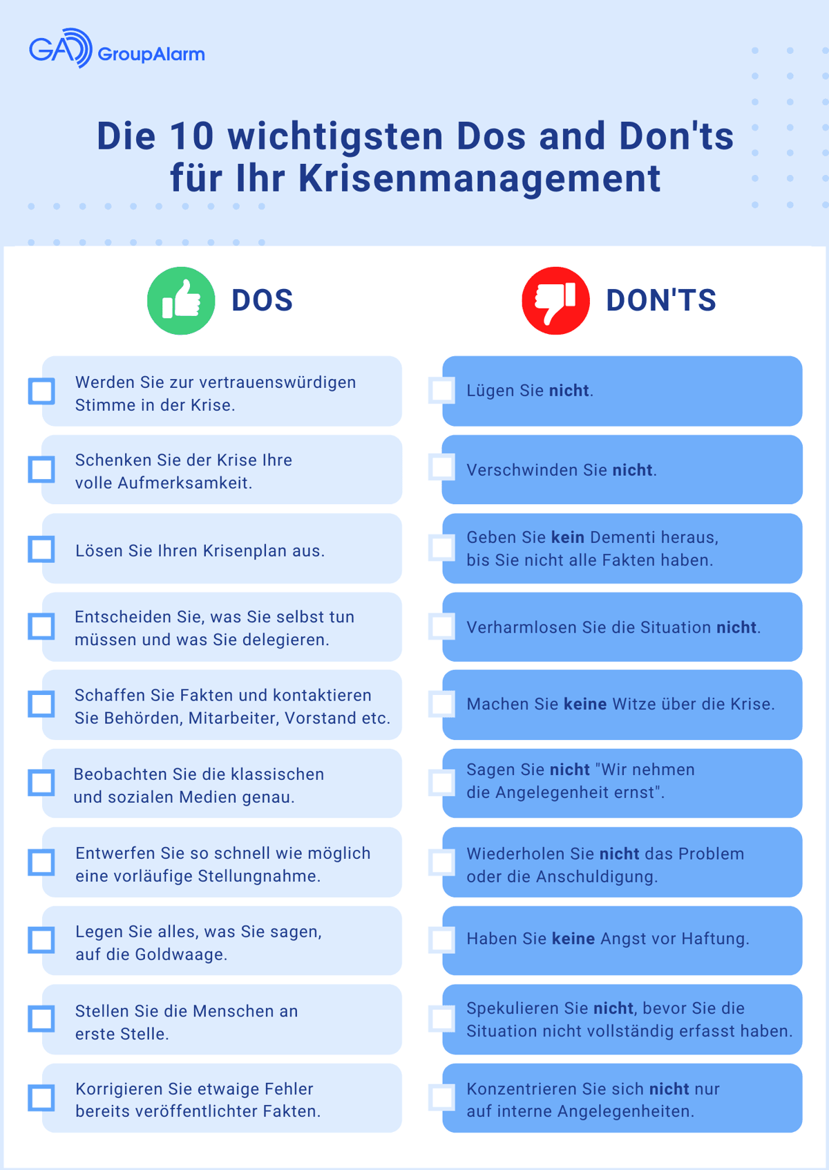 Infografik „Die 10 wichtigsten Dos and Don'ts für Ihr Krisenmanagement“