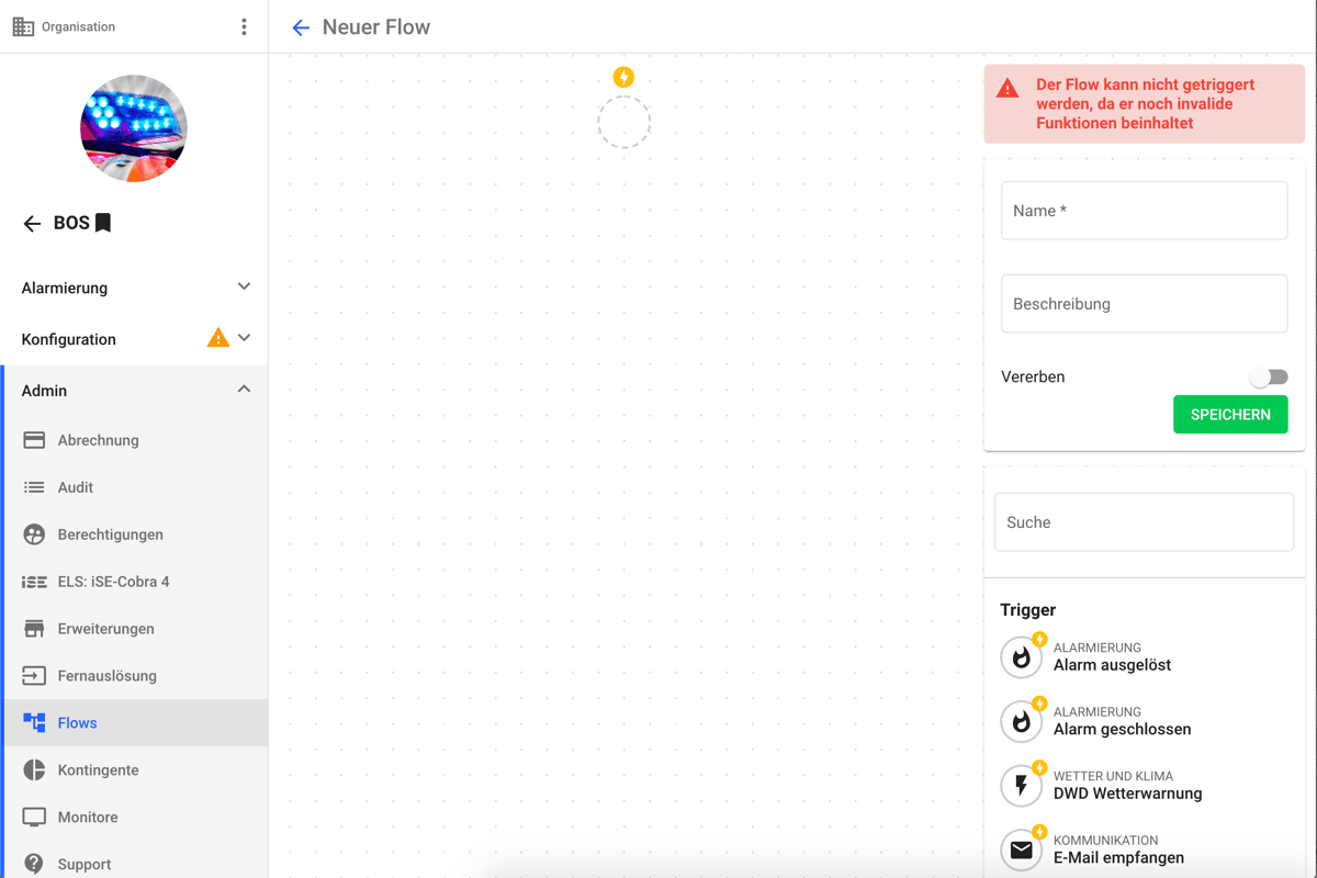 Editor zur Erstellung eines neuen Flows in GroupAlarm.