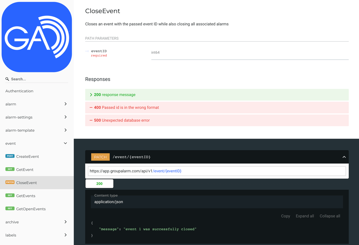 API-Dokumentation von GroupAlarm für den Endpunkt CloseEvent.