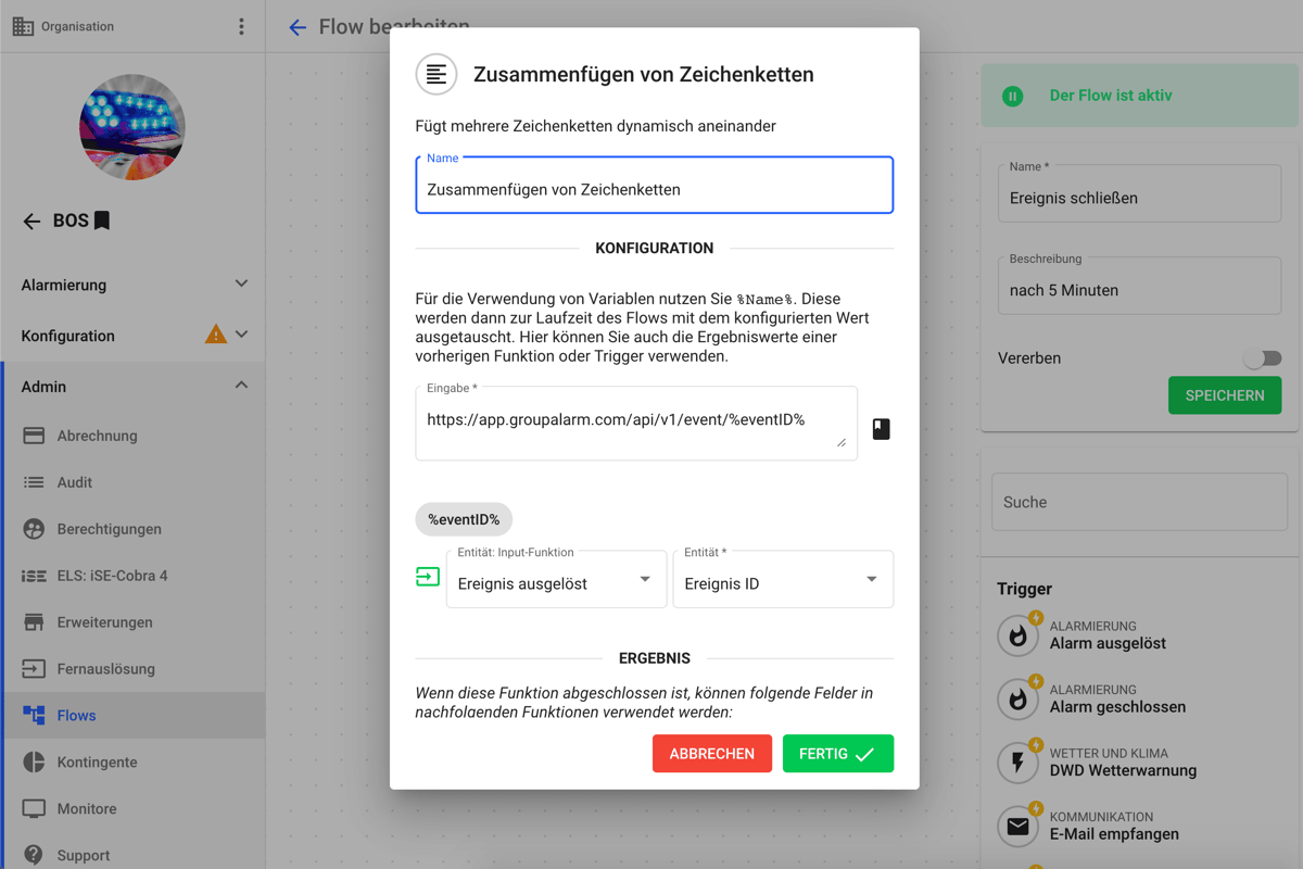 Konfigurationsfenster zum Zusammenfügen von Zeichenketten in einem GroupAlarm Flow.