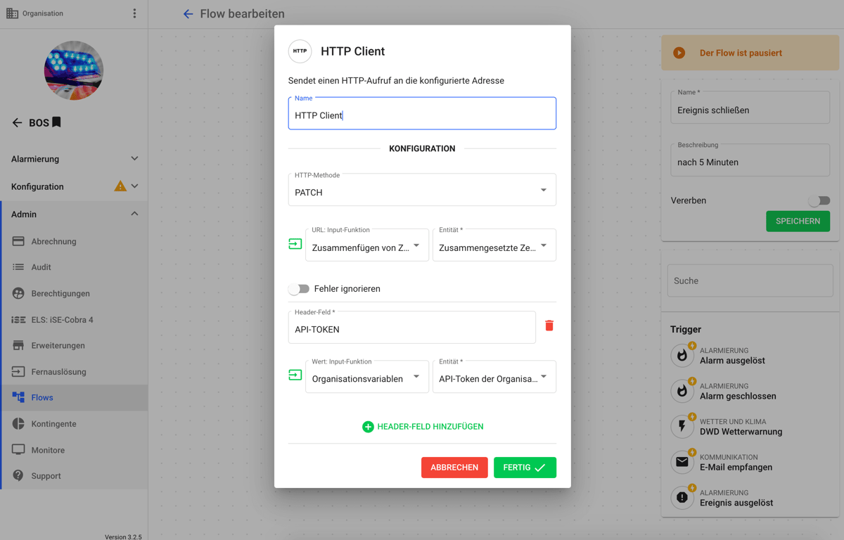 Konfigurationsfenster der HTTP-Client-Funktion für das Schließen von Ereignissen in GroupAlarm.