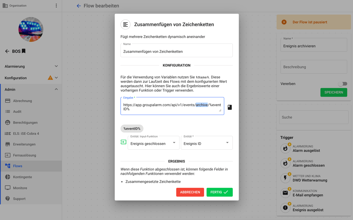 Konfigurationsfenster zum Zusammenfügen von Zeichenketten für eine Archivierung in GroupAlarm