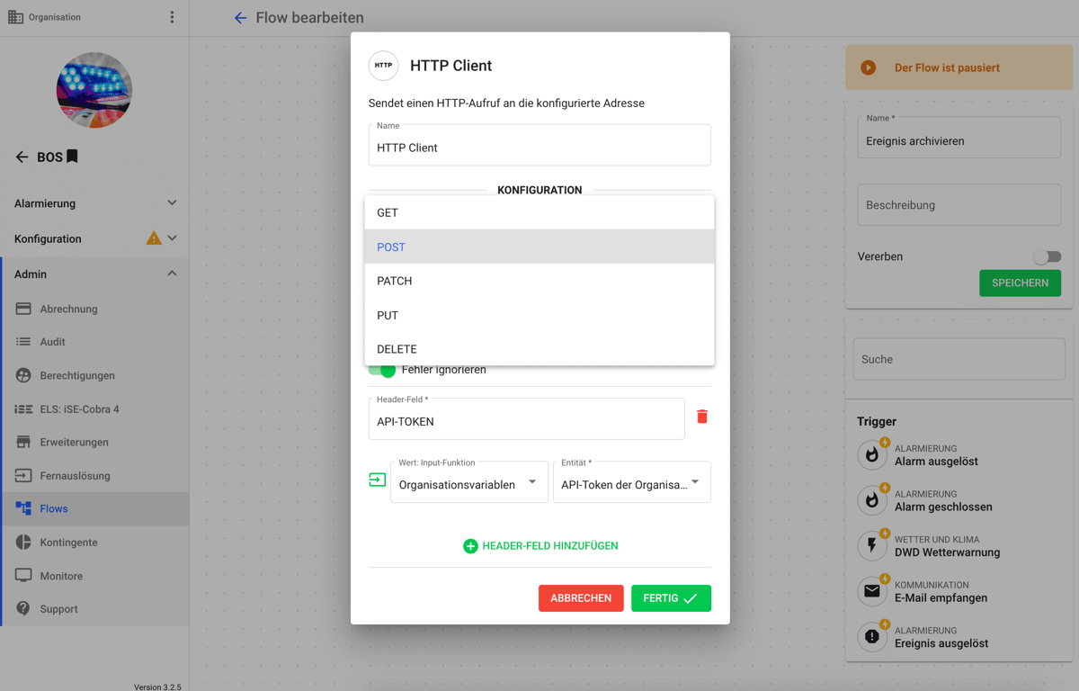 Konfigurationsfenster der HTTP-Client-Funktion für die Ereignisarchivierung in GroupAlarm.